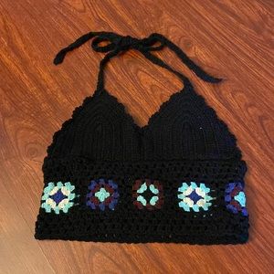 Crochet woven black crop top